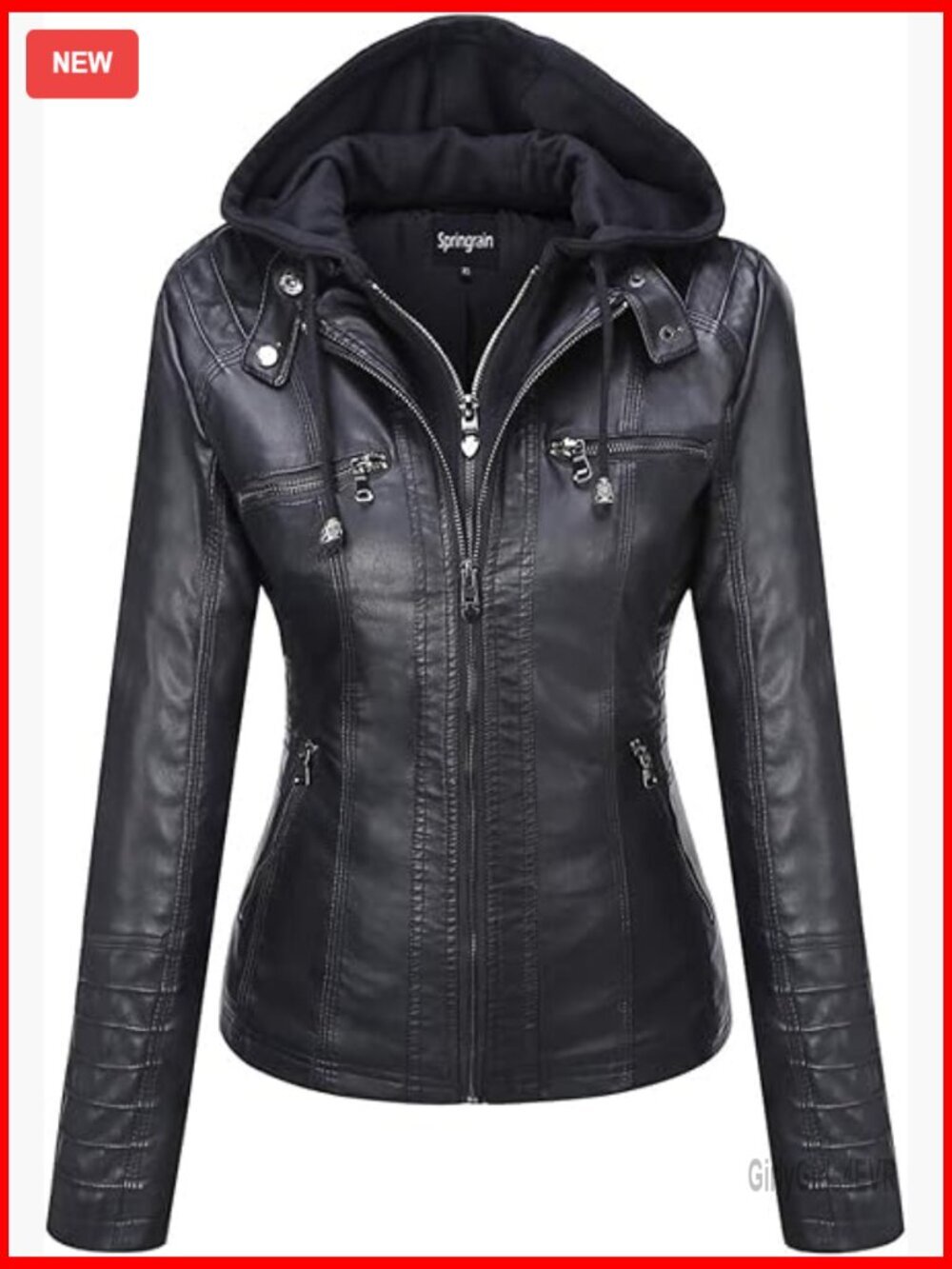 Faux Leather Moto Jacket with Detachable Hood, Slim Fit, Long Sleeve